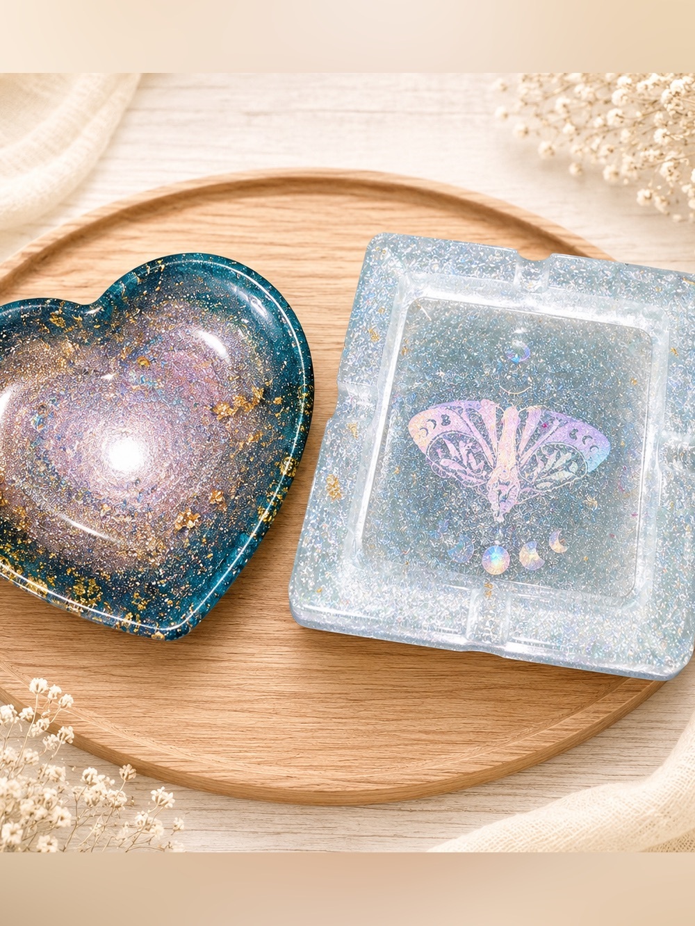 Handmade Resin Trinket Dish Set | Heart Dish & Moon Moth Catchall